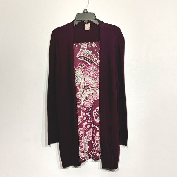 Chico's | Women’s Burgundy Paisley Print Back Open Front Cardigan Sweater - Picture 2 of 15